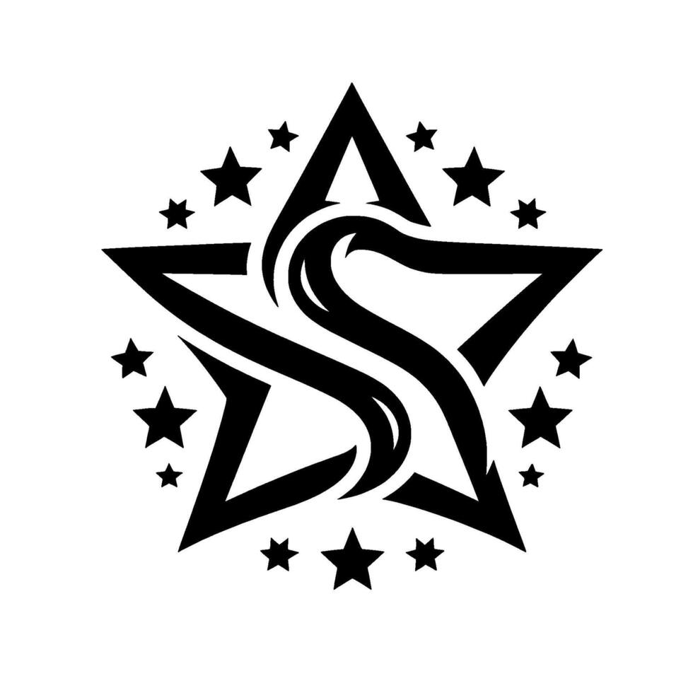 Black and White StarShaped with an Elegant S Inside, Surrounded by Smaller Stars, on White Background. vector