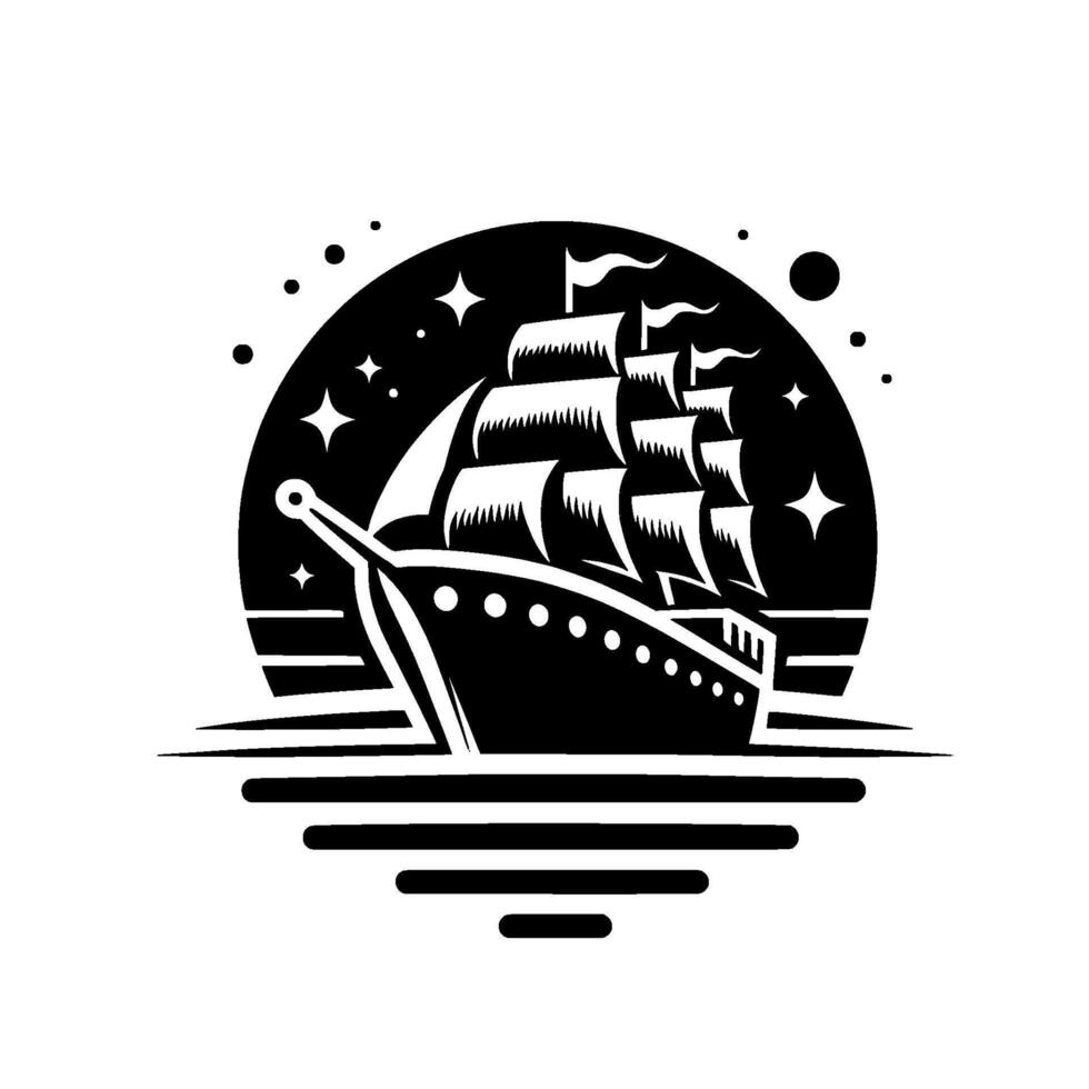A stark black and white illustration of a vintage sailing ship at night, framed within a circle of stars and celestial elements, sailing on layered water. vector