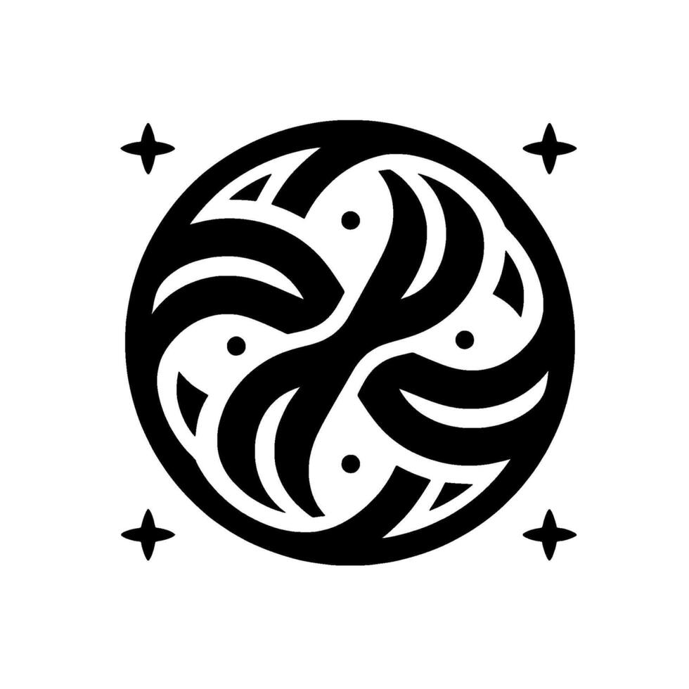Intricate Black White Circular Geometric , Featuring Intertwined Abstract Shapes, Dots, and Four Crosslike Symbols. vector