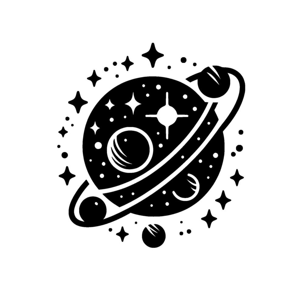 Stylized Black and White Solar System Illustration, featuring Planets, Rings, Stars, and Celestial Elements on White. vector