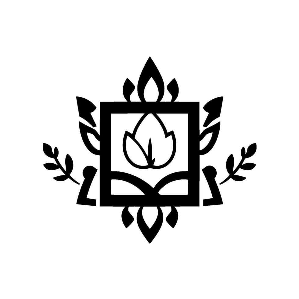 Elegant, minimalist, and symmetrical floral emblem featuring a stylized flower within a square frame, adorned with leaves and ornamental flourishes in black and white. vector