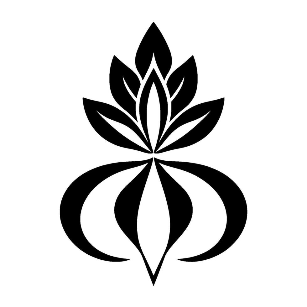 Elegant black and white floral , symmetrical, featuring overlapping leaves and curved petallike shapes, creating a stylized botanical emblem. vector