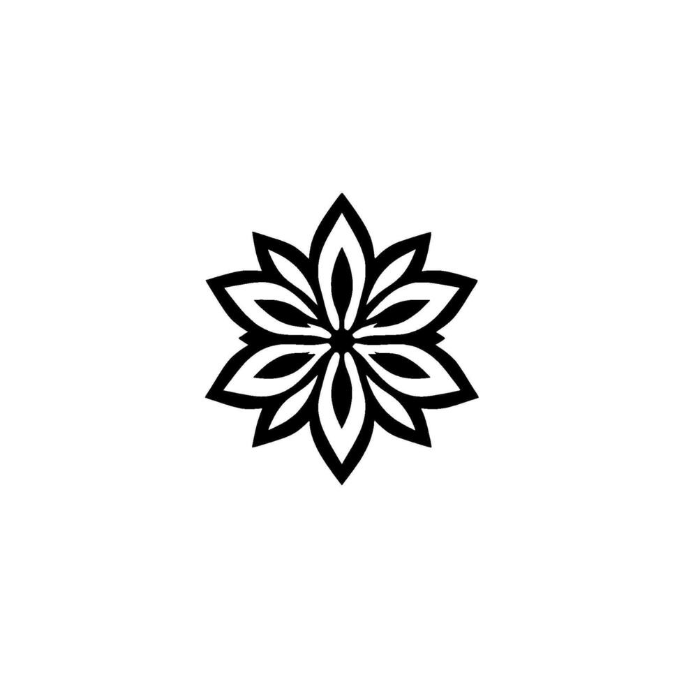 Symmetric black and white flowerlike centered on a plain white background, showcasing intricate petals in geometric arrangement. vector