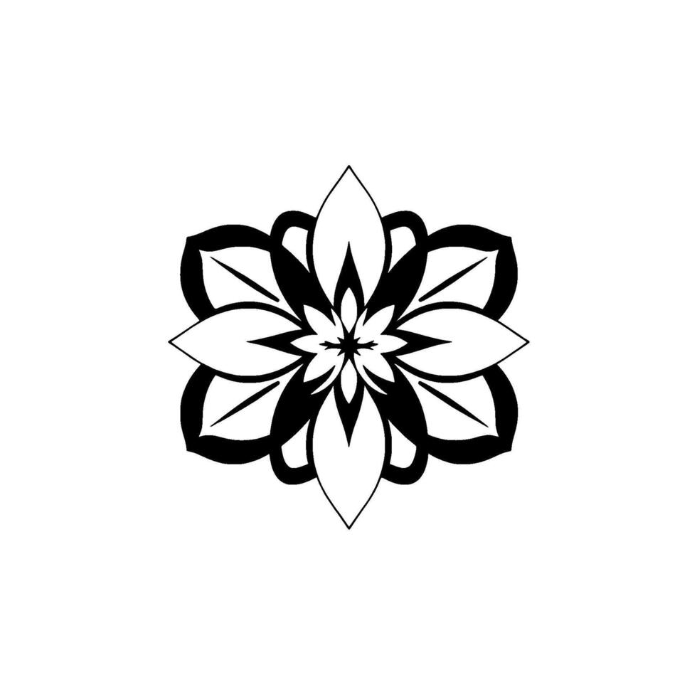 Intricate Black and White Mandala A symmetrical floral with alternating petal layers creating a visually balanced and geometric pattern on a pristine white background. vector