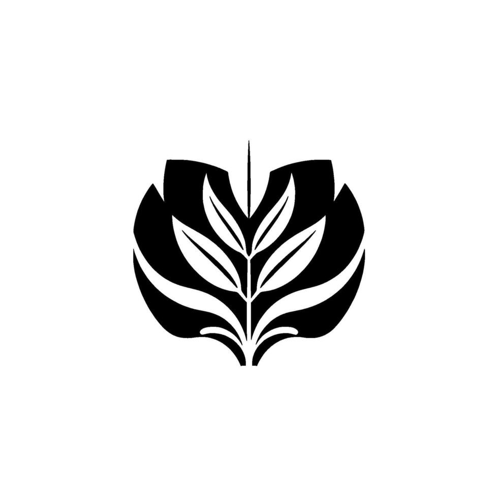 A symmetrical black and white minimalist floral , with plant elements and a leaflike shape, on a plain white background, simple and clean. vector