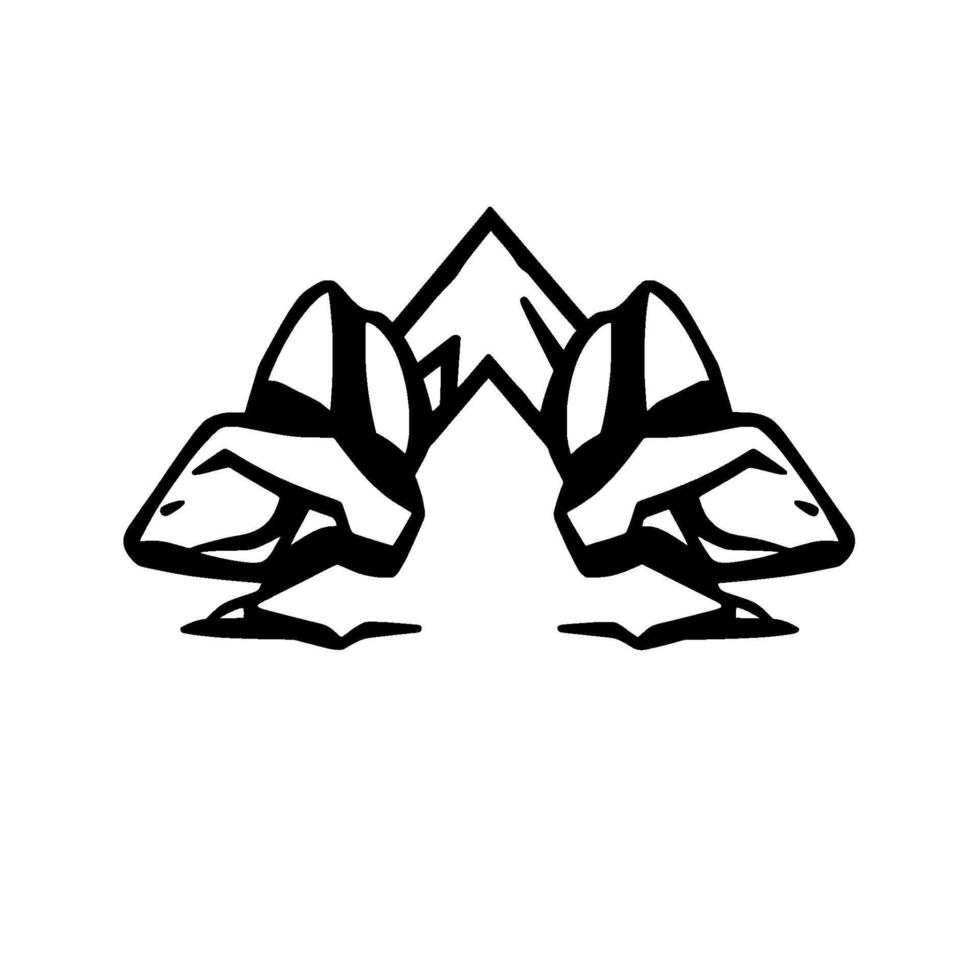 Symmetrical black and white line art of two stylized fox heads facing each other with a mountainlike shape between. vector