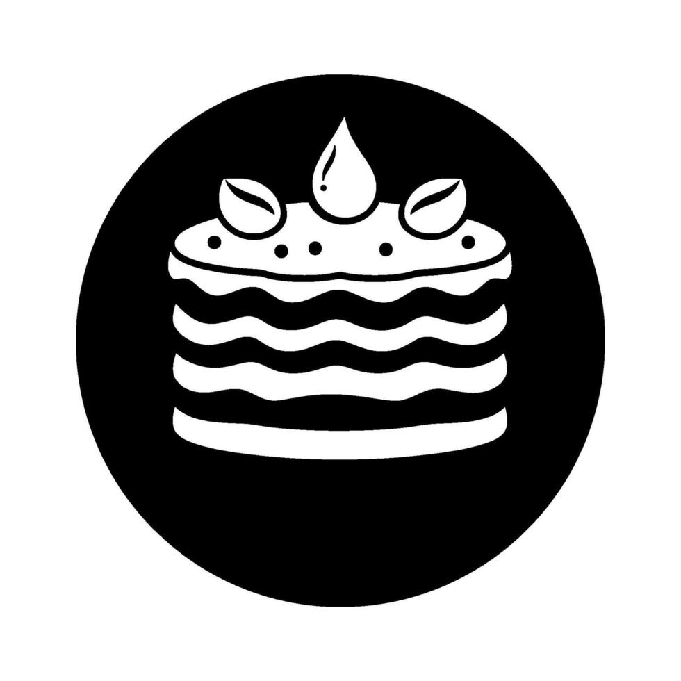 A monochromatic illustration of a tiered cake with coffee bean toppings, topped with a droplet, set within a black circle. vector
