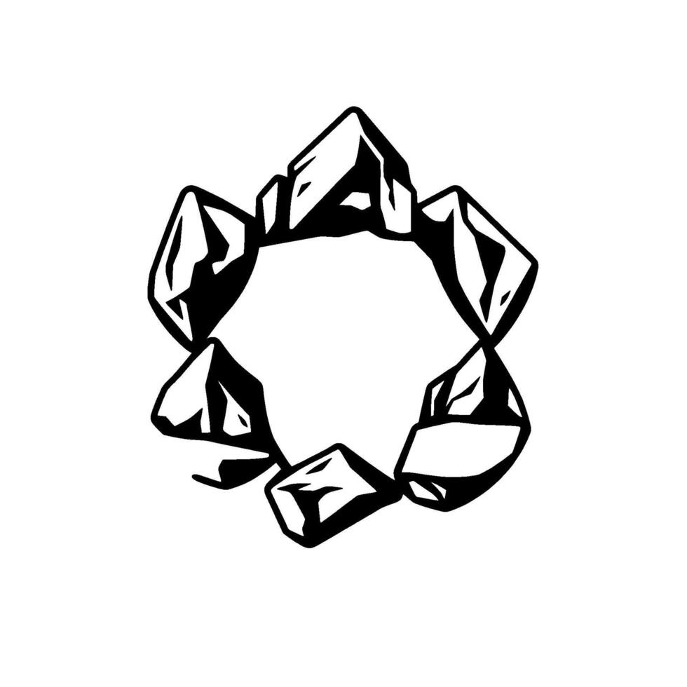 Abstract stylized black and white illustration of a ring made of angular geometric rock formations on a stark white background. vector