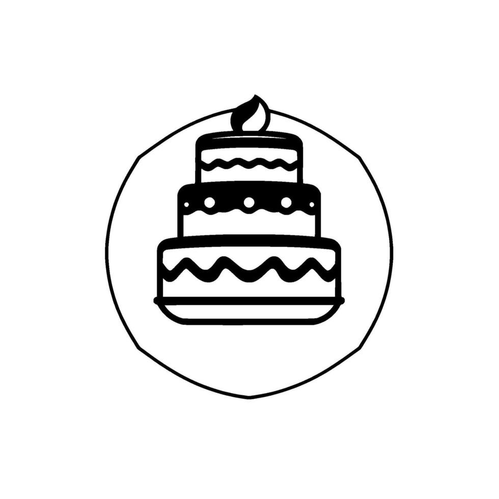 Stylized Black and White Celebration Cake Within a Circle, Featuring Tiers, Candle, and a Festive . vector