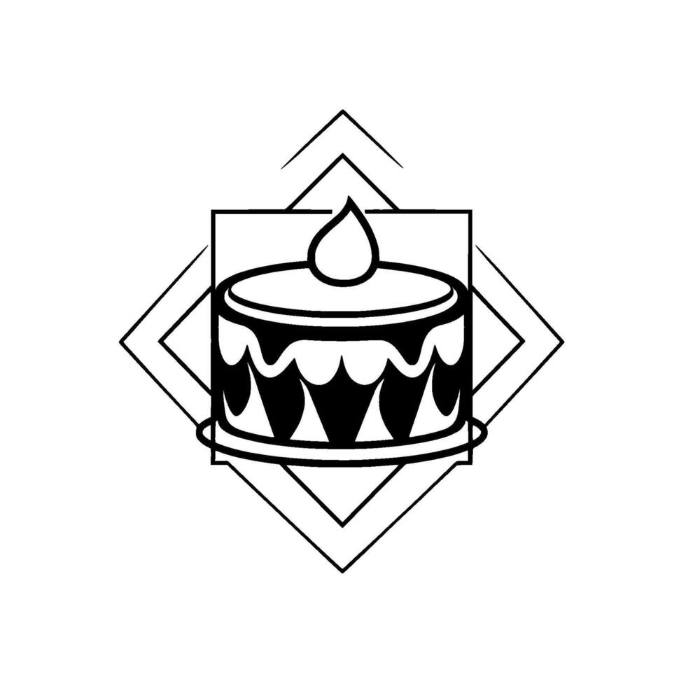 Black and white minimalist illustration of a cake with a single candle, set in a square and rhombus geometric frame, on white. vector