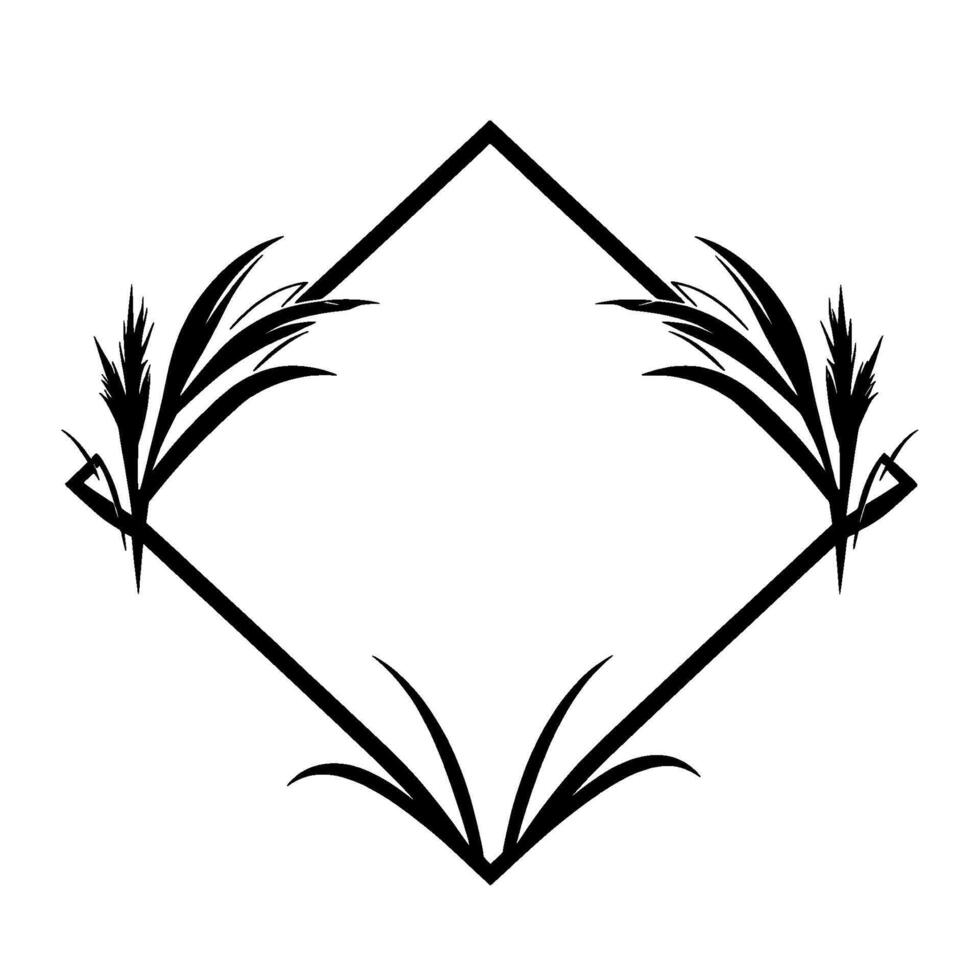 Blackandwhite stylized nature illustration featuring symmetrical wheatlike elements framing a diamondshaped border with a minimalist aesthetic. vector
