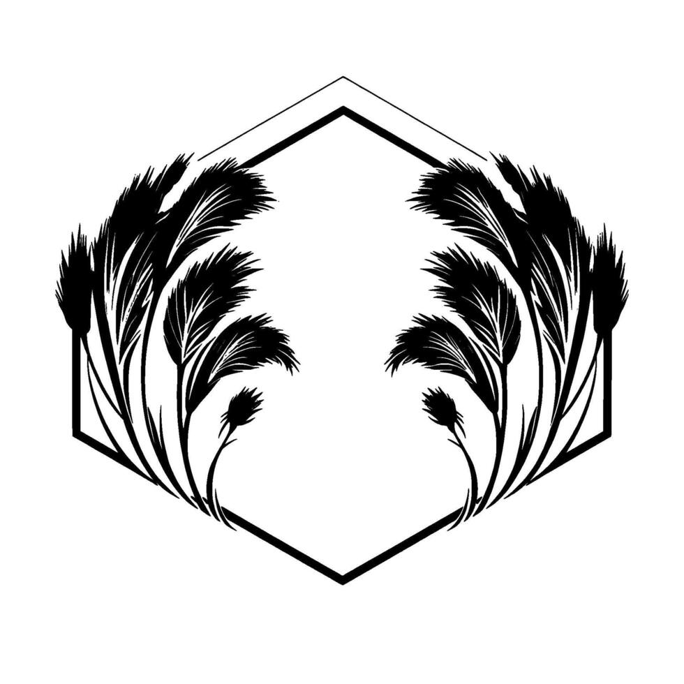 Symmetrical black and white image of ornamental grass bouquets framing a geometric hexagon shape. vector