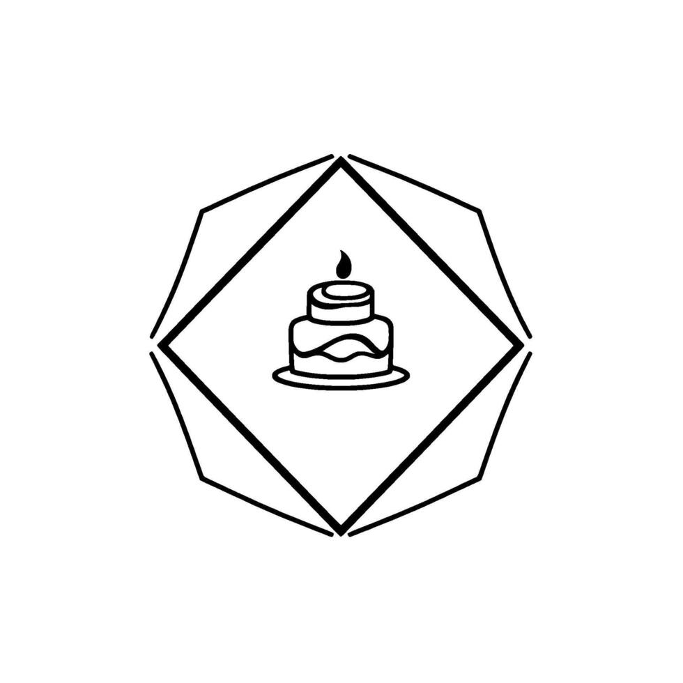 Minimalist Black and White Birthday Cake with lit candle inside a geometric, symmetrical . vector