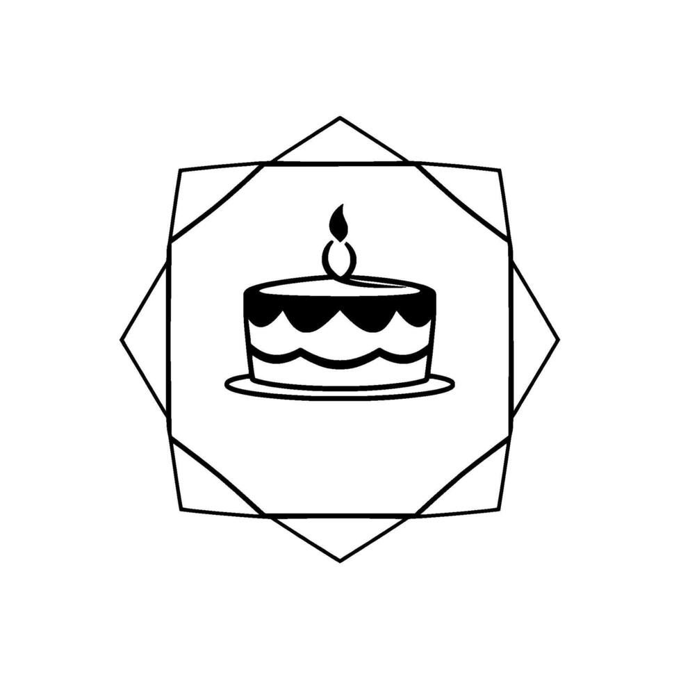 Minimalist Black and White Illustration of a Birthday Cake with a Lit Candle Inside a Geometric Polygon Frame. vector