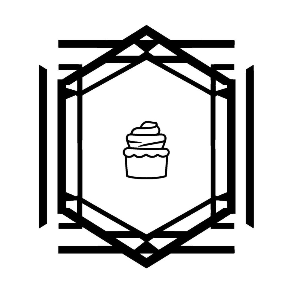 Black and white line art of a cupcake inside a geometric frame, surrounded by striped borders, minimal and modern . vector