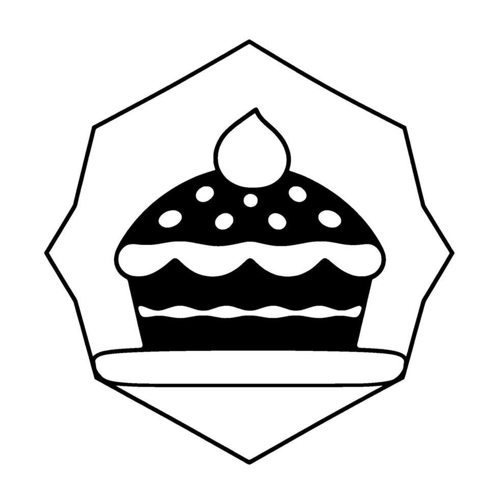 Black and white illustrative cupcake emblem, featuring frosting, polka dots, and a teardropshaped topping, within a decorative polygonal frame. vector