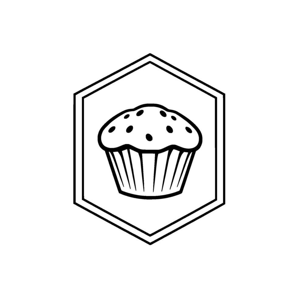 A black and white minimalist illustration of a muffin with dotted top inside a hexagonal frame, perfect for bakery logos. vector