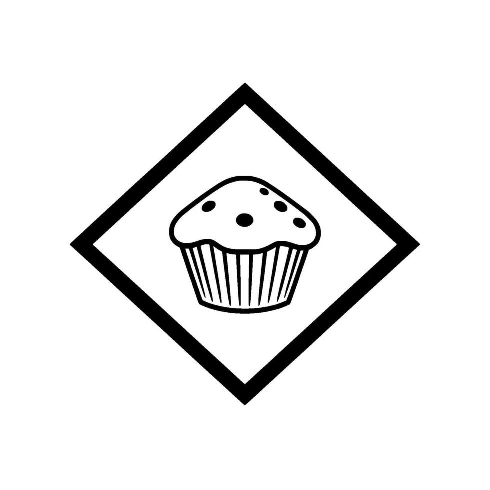 A minimalist black and white image featuring a muffin symbol nestled within a diamond frame, symbolizing baked goods or treats. vector