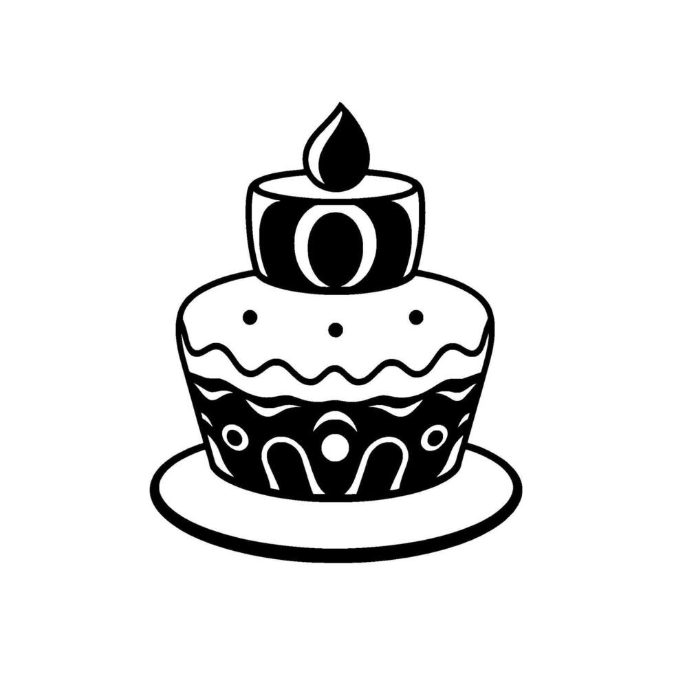 Stylized Black and White Birthday Cake with Candle, Featuring Decorative Patterns and Two Tiers on a Plate. vector