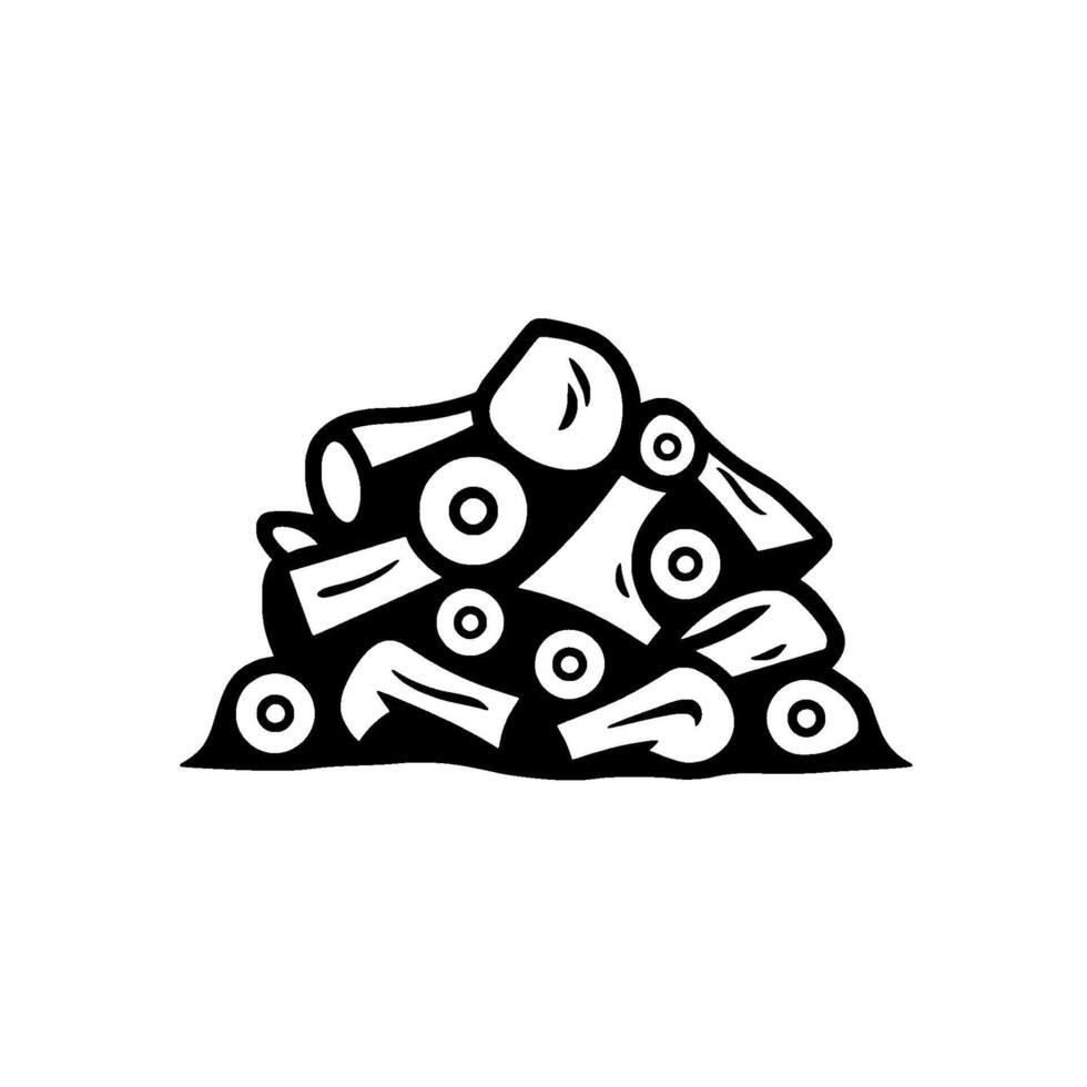 Abstract pile of stylized, organic shapes with circular details, rendered in bold black lines against a pure white background, evoking a geometric, minimalist aesthetic. vector