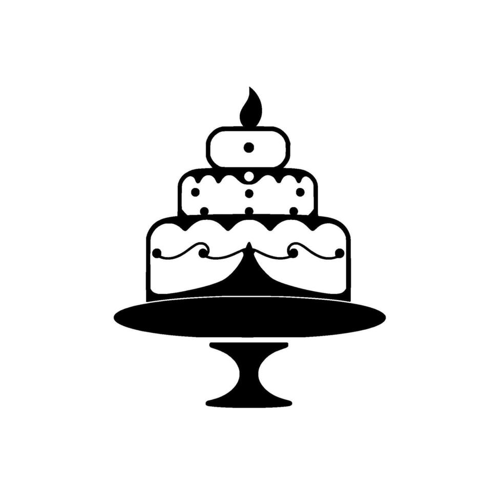 Elegant ThreeTiered Cake Illustration with Candle and Delicate Embellishments on a Pedestal in Style, Black and White vector