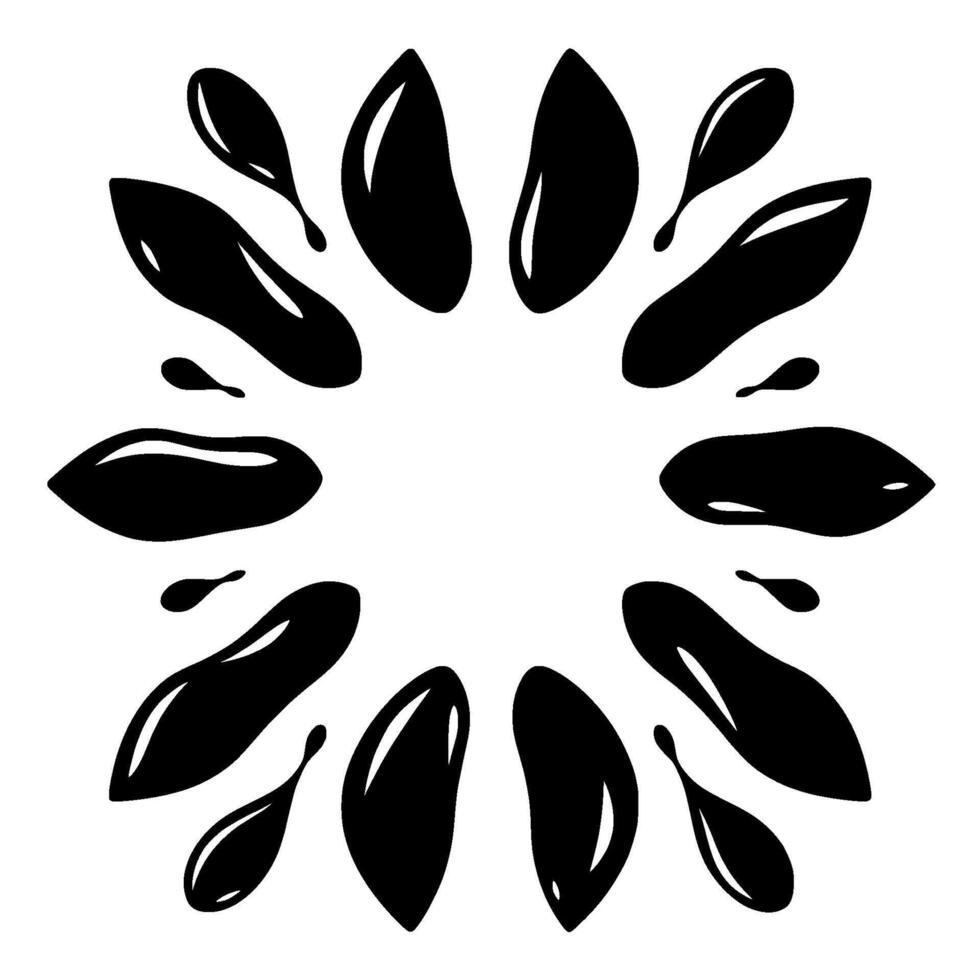 Circular black ink splash or droplet composition on white background, abstract modern minimalist resembling a stylized flower or burst. vector