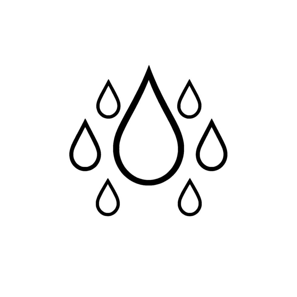 Minimalist black and white line art of multiple raindrops falling, forming a stylized, abstract water on white background. vector