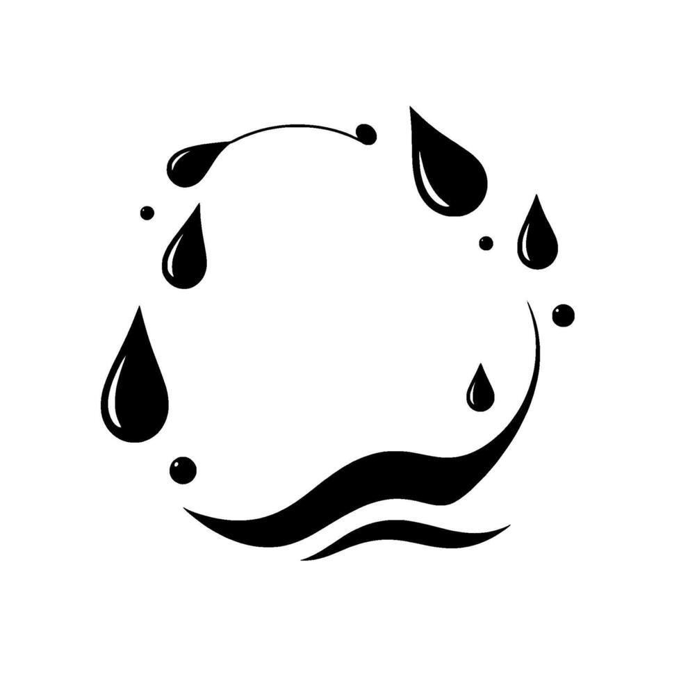 A minimalist, abstract , capturing a circular composition of dynamic black water droplets, splashes, and waves against a stark white backdrop. vector