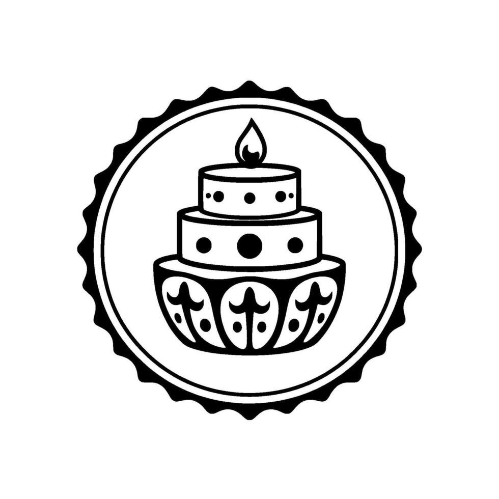 Threetiered birthday cake illustration inside circular badge, with burning candle, ornate base, and scalloped frame. vector