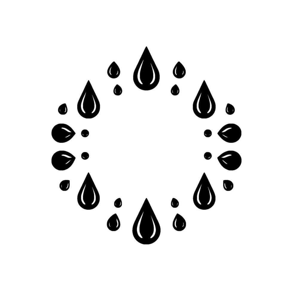 A circular arrangement of stylized black water droplets of various sizes, with highlights, on a bright white background, creating a symmetrical and minimalist . vector