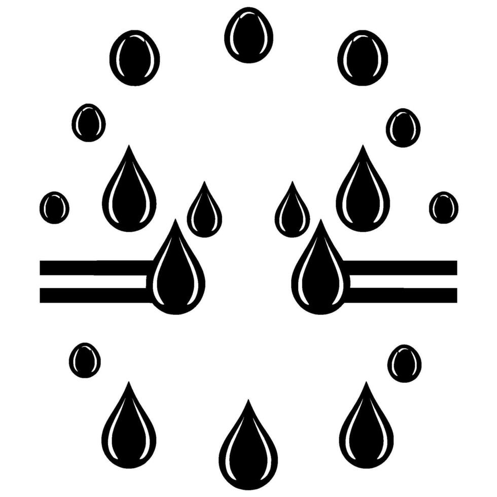 A minimalistic abstract featuring black water droplets and oval shapes, with a geometric pattern, and a horizontal double line, on a white background. vector