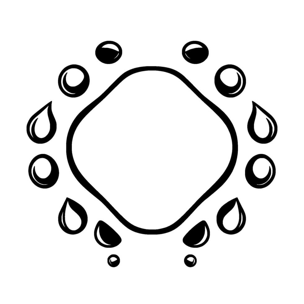 An abstract black and white illustration featuring a central irregular quadrangle encircled by stylized droplets and circular elements, offering a minimalist and symmetrical aesthetic. vector