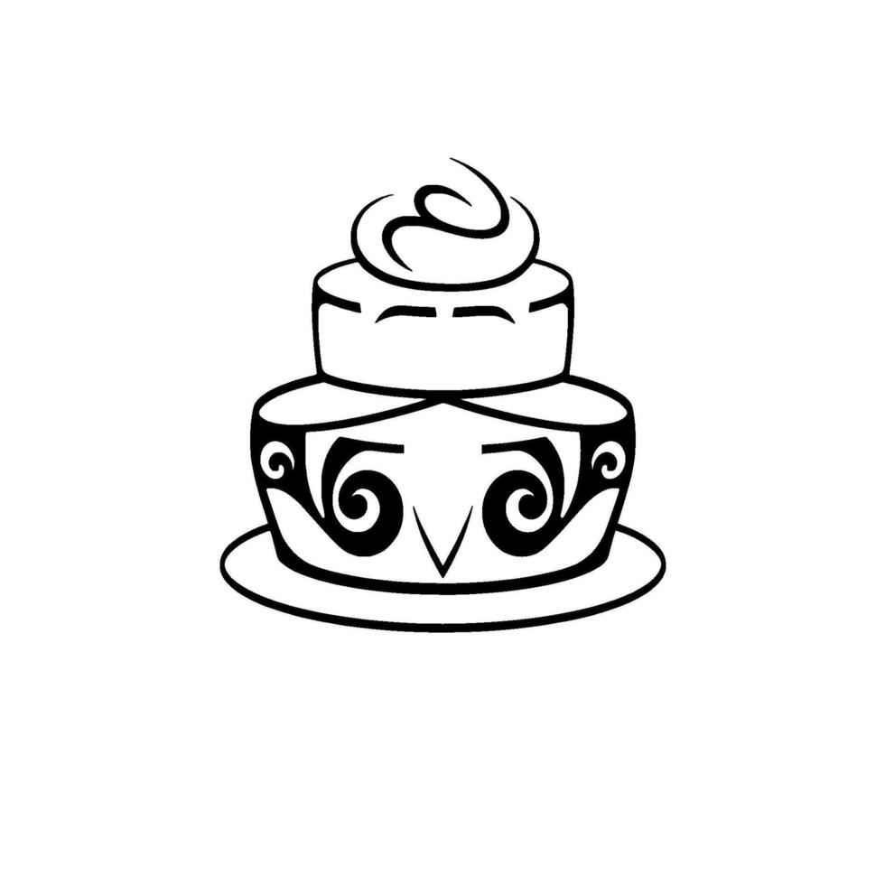 Twotiered Cake with Ornate Decoration, Swirl Icing and Geometric , Monochromatic Illustration on White vector