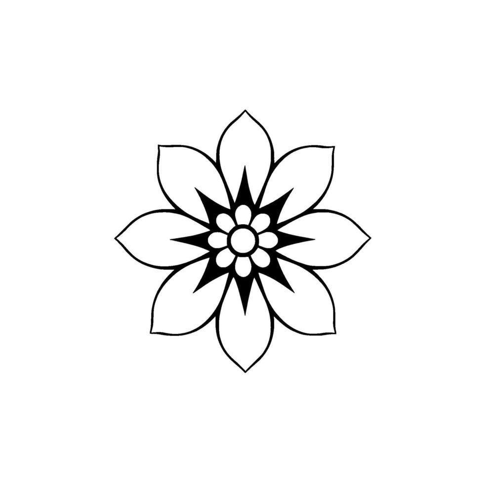 Symmetrical floral emblem with seven petals and intricate center star, rendered in black lines on a white background. vector