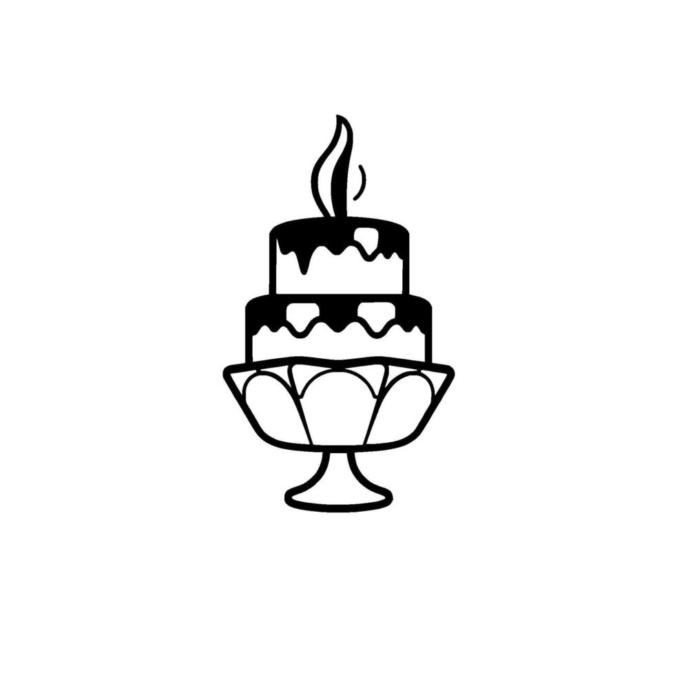 A minimalist black and white illustration of a twotiered cake on a pedestal, topped with a candle flame. vector