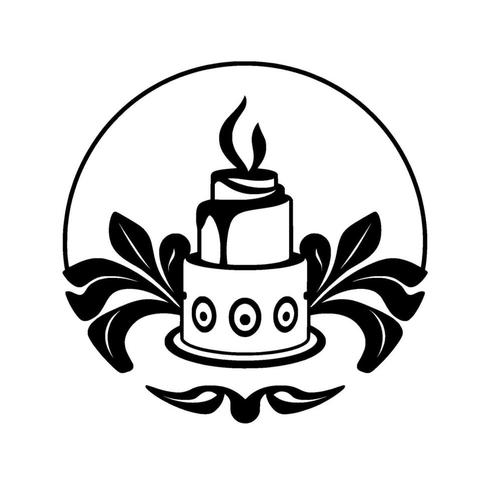 Elegant, Black and White Circular Emblem Tiered Cake with Dripping Chocolate, Embellished with Flourishes and Leafy Accents. vector