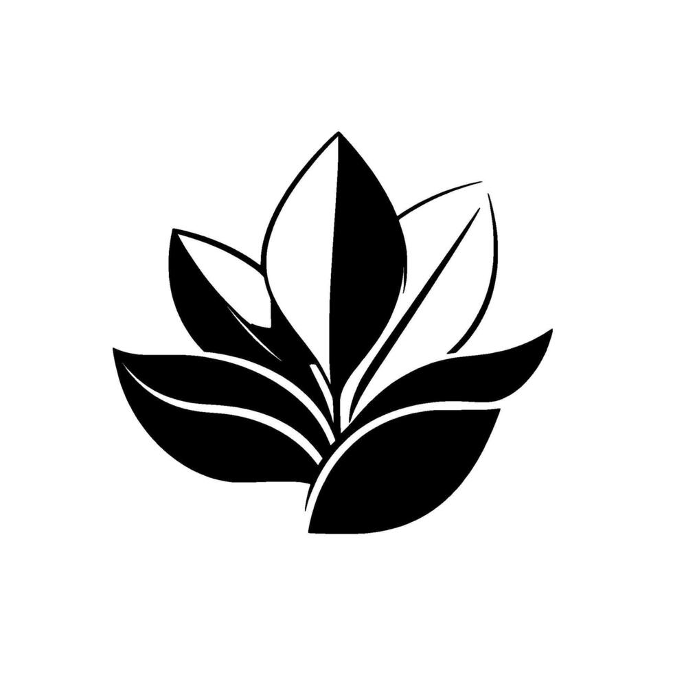 A minimalist black and white illustration of a stylized plant composed of overlapping leaves, evoking balance and harmony. vector
