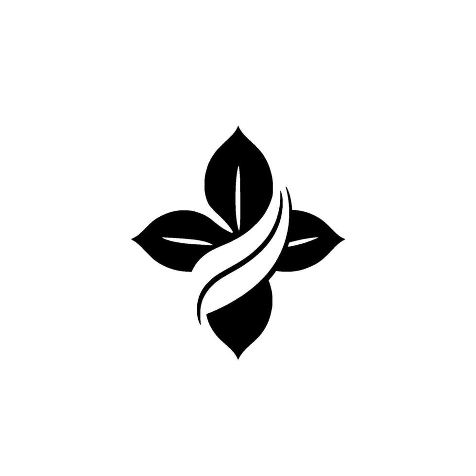 Stylized, symmetrical floral emblem of four dark leaves with a central, flowing white ribbon on a minimalist white background. vector