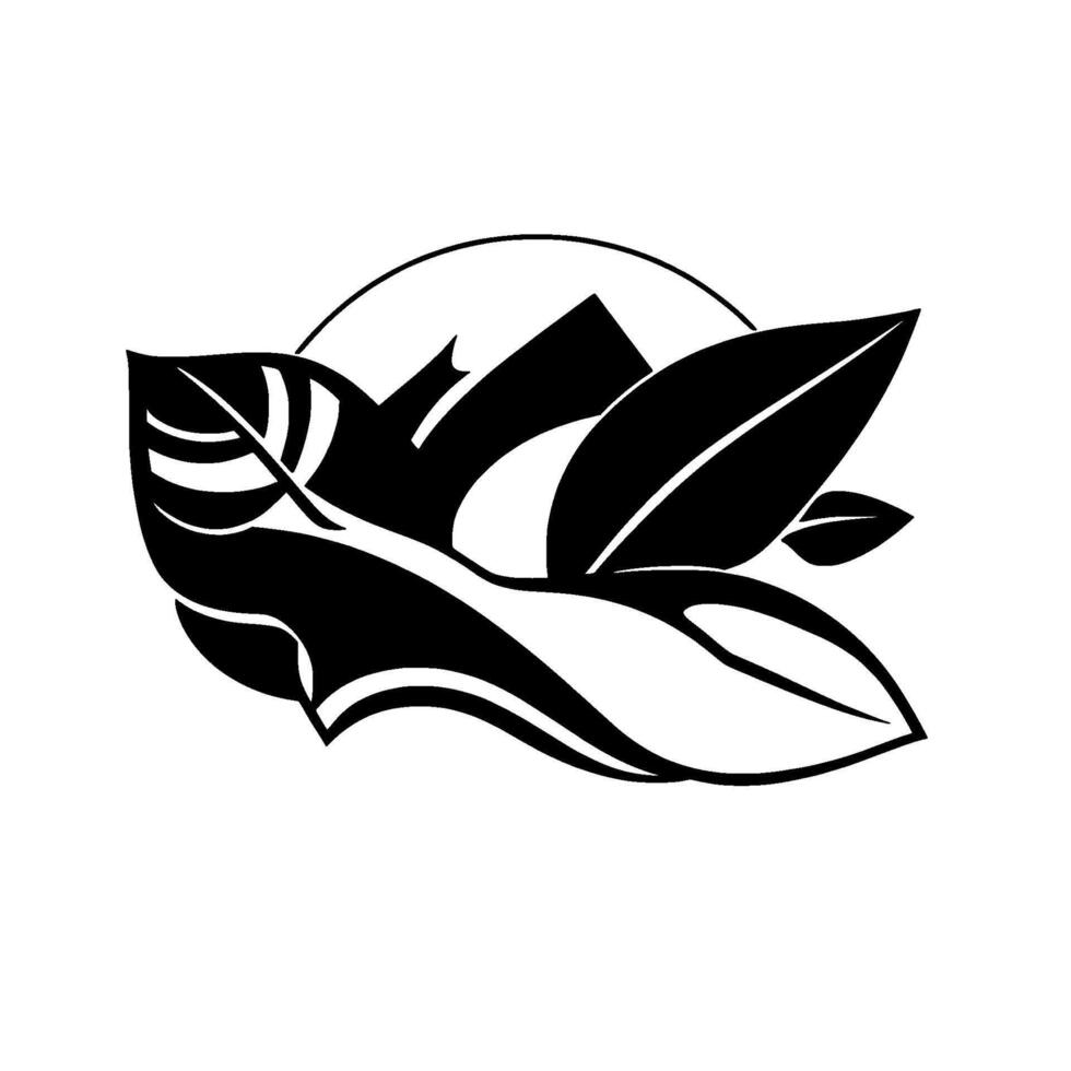 Stylized Black and White Featuring Leaves, Mountains, and Circle, Evoking Nature and Tranquility. vector