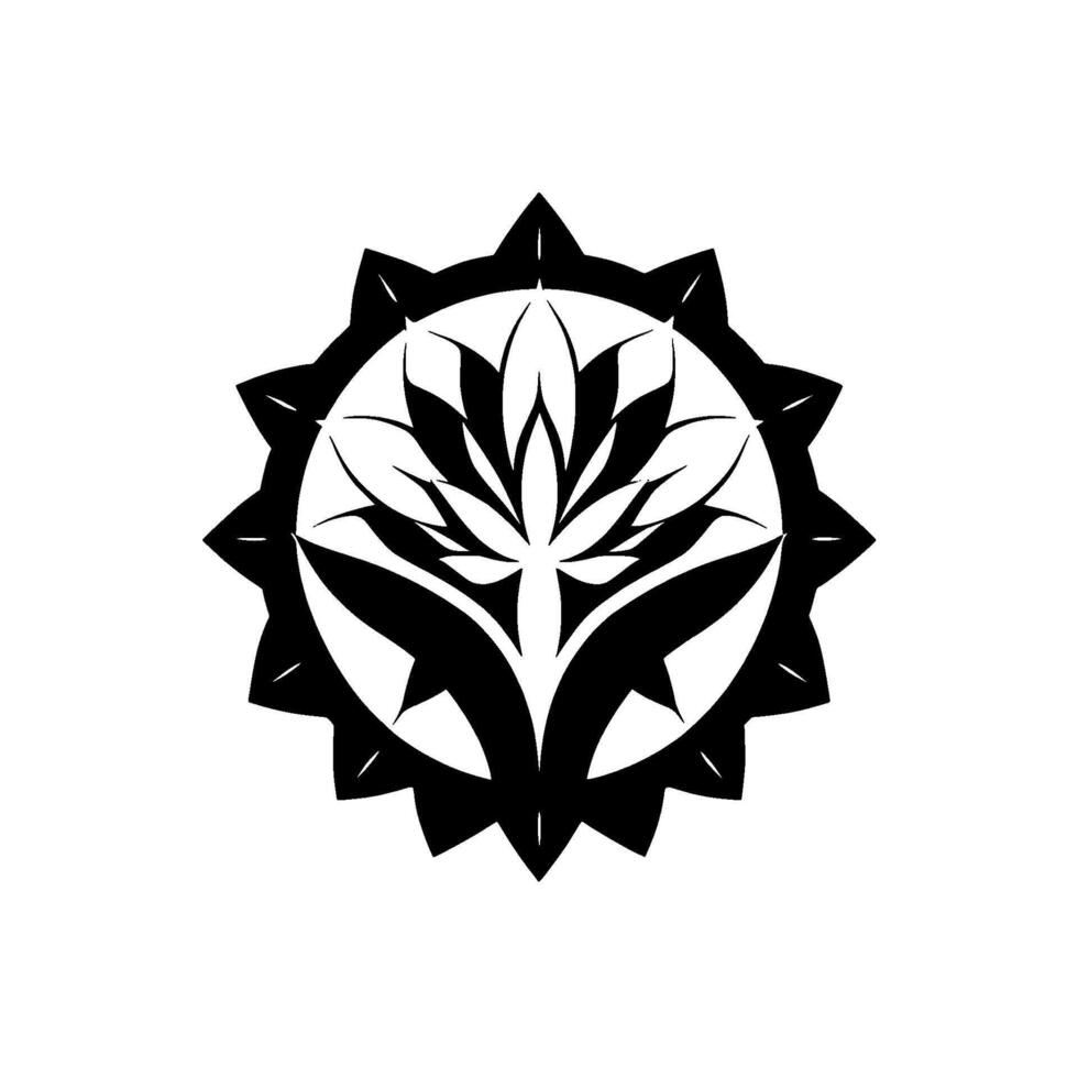 Intricate Black and White Floral Mandala A symmetrical featuring stylized lotus flower surrounded by a spiky circular frame on a white background, minimalist and elegant. vector