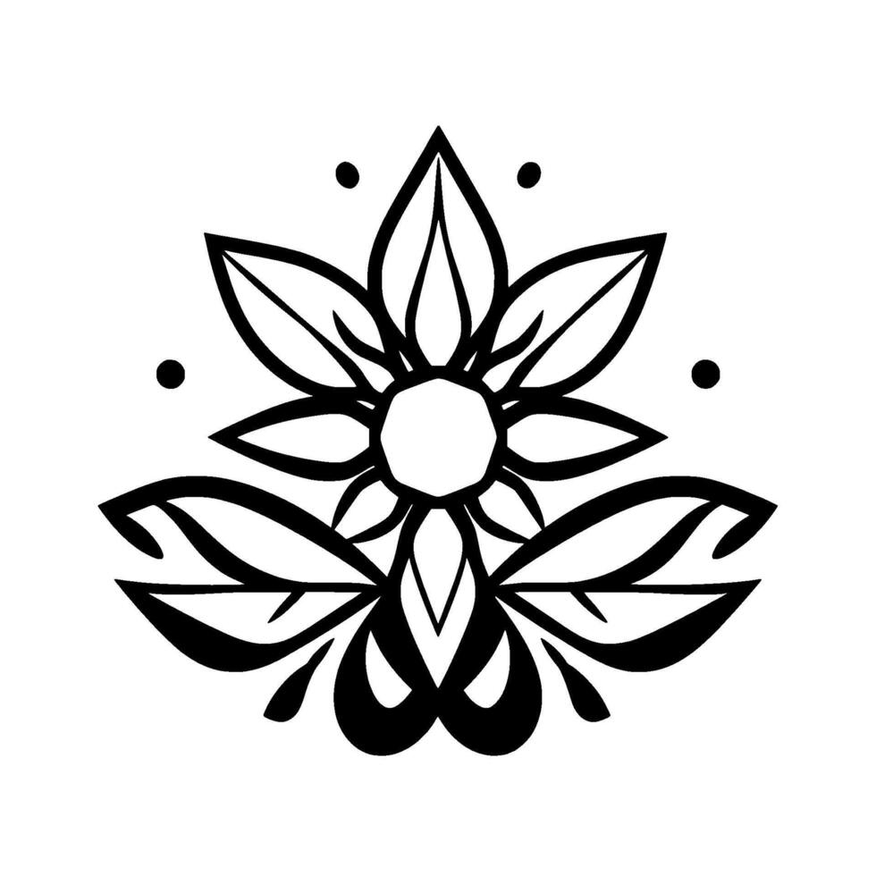 Symmetric Black and White Floral Mandala with Circular Center and Leafy Elements, Embellished with Dots. vector