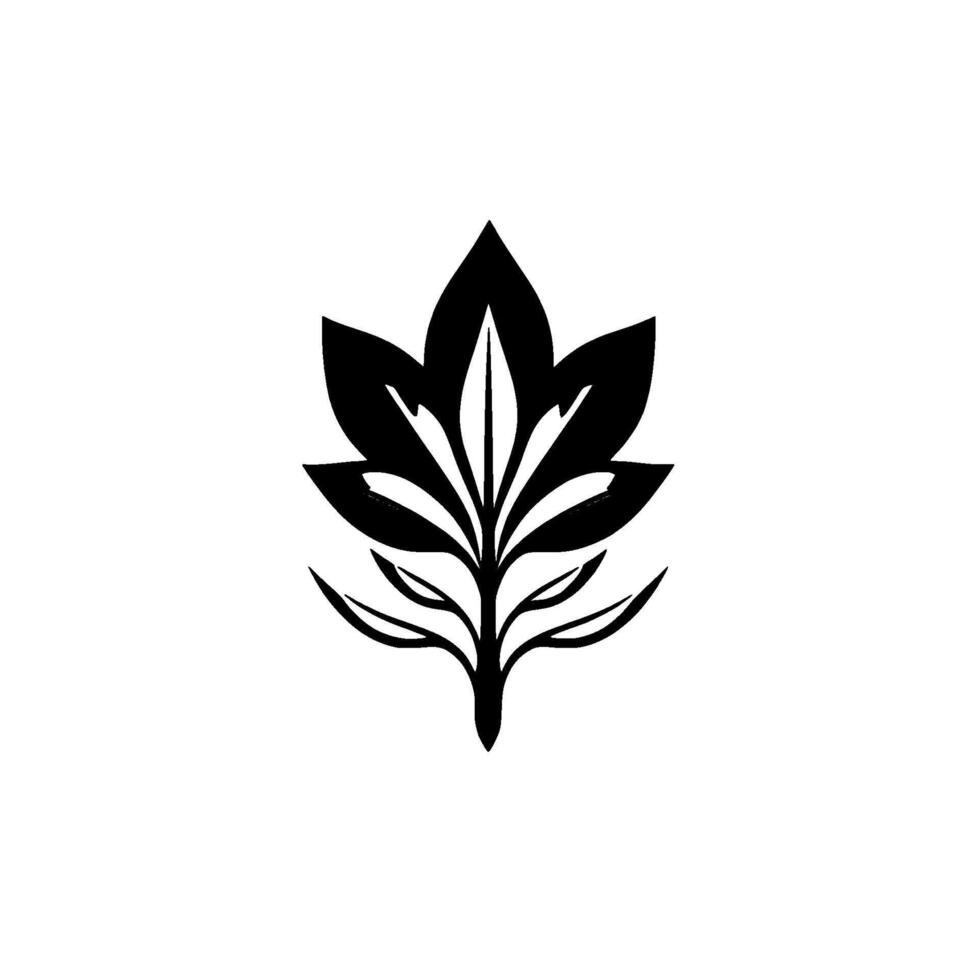 Elegant Black and White Botanical Illustration of a symmetrical leaf cluster, centered against a stark, minimalist white background. vector