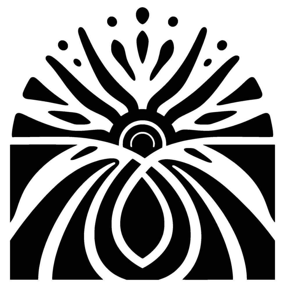 Art Nouveauinspired symmetrical floral , featuring stylized sunburst radiating from a central crescent, encompassed within a rectangular composition. vector