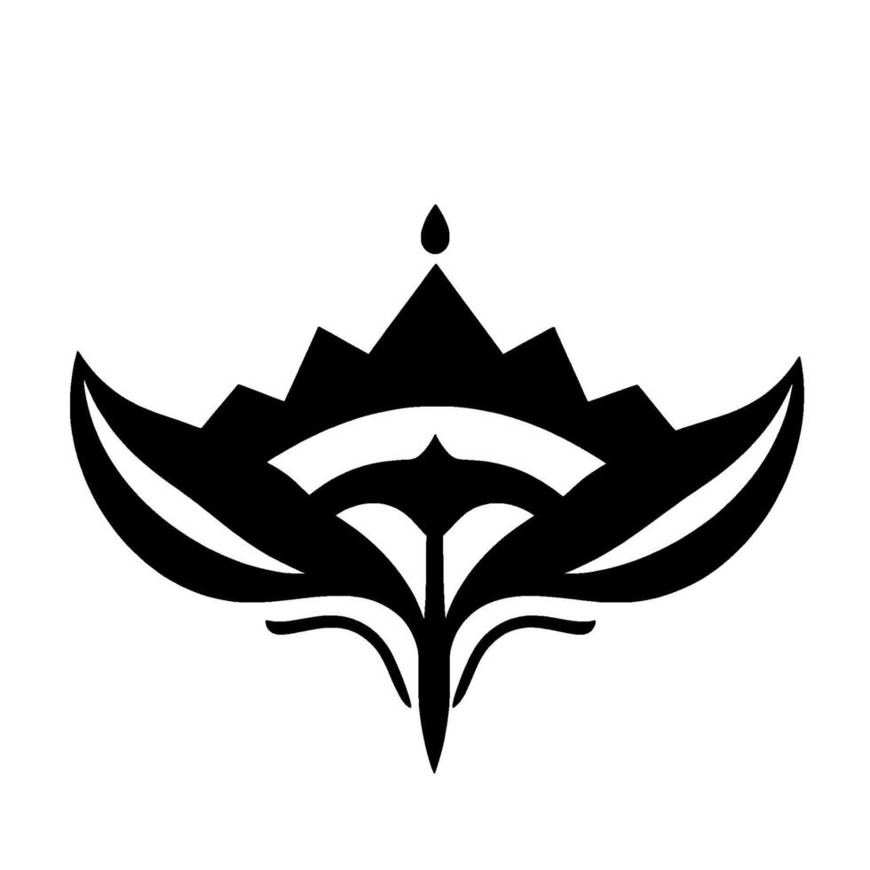 Symmetrical Black and White Floral Emblem with Geometric Mountain Crown and Droplet Detail on White Backdrop. vector