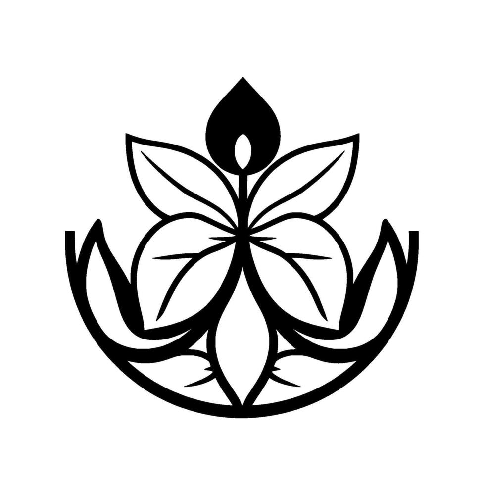 Symmetrical Black and White Floral Motif with Flamelike Center and Leafy Symmetry, Perfect for vector