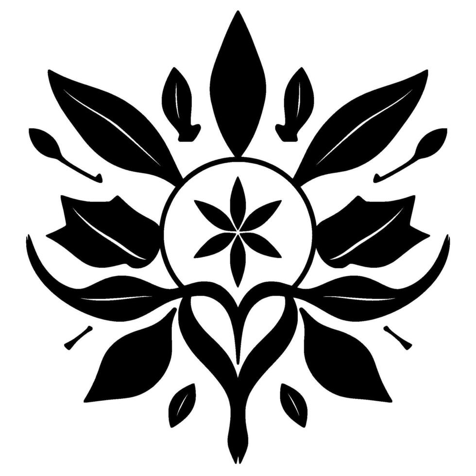 Symmetric Black and White Floral with a Central Star, Leaf Elements, and Heart Shape. vector