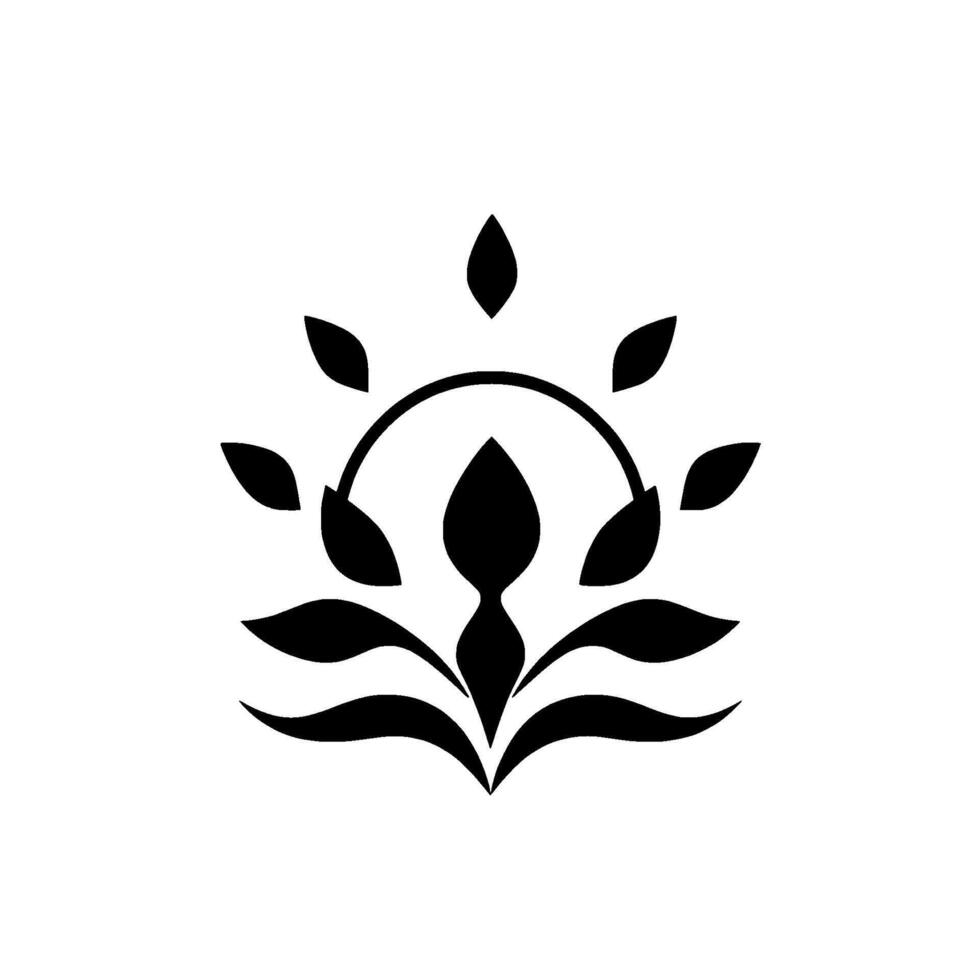 Symbolic Black and White Floral with Leafy Elements and an Arc Shape, Abstract and Minimalist. vector
