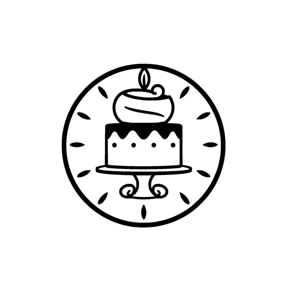 Simple black and white illustrated cake , encircled by a stylized border, with a candle element on the top, on a white background. vector