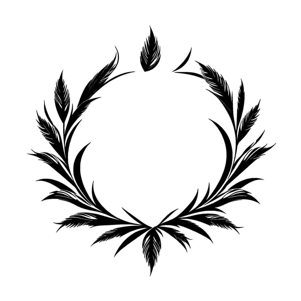 Elegant Black and White Floral Wreath with Featherlike Leaves on White Backdrop vector