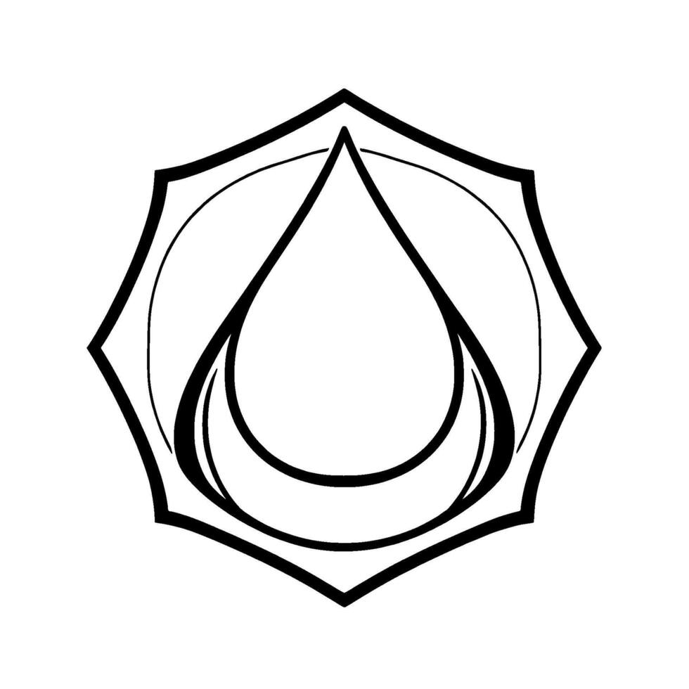 Geometric abstract emblem featuring a teardrop motif and curved elements, within a stylized starshaped frame, monochrome palette. vector